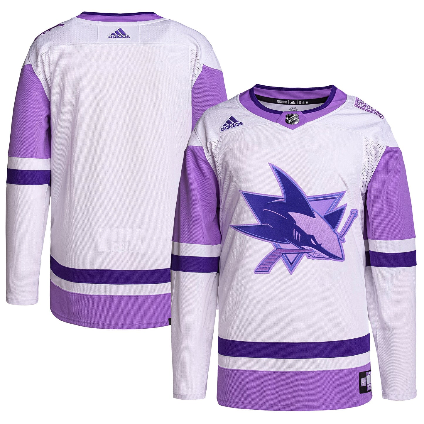 San Jose Sharks adidas Hockey Fights Cancer Primegreen Authentic Blank Practice Jersey - White/Purple